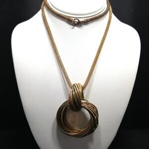 Vintage Gold Copper Tone Wire Loop Pendant Necklace Mesh Chain 28 Inch